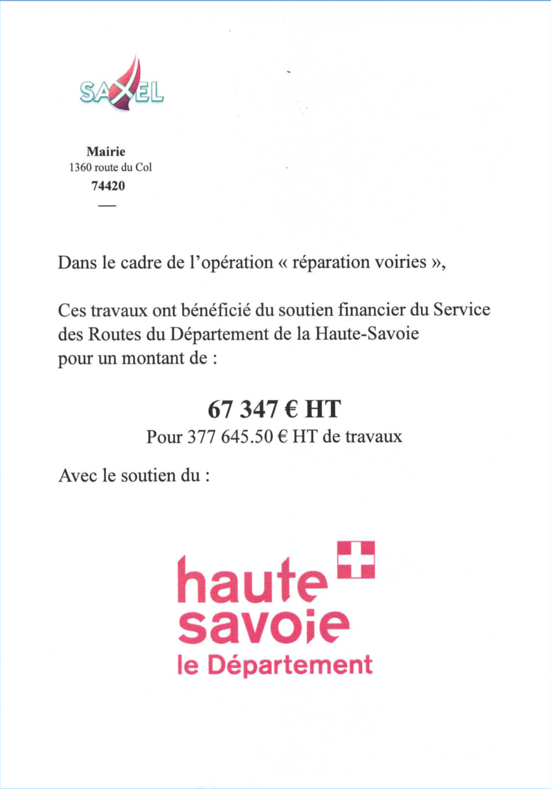 Soutien financier du d&eacute;partement